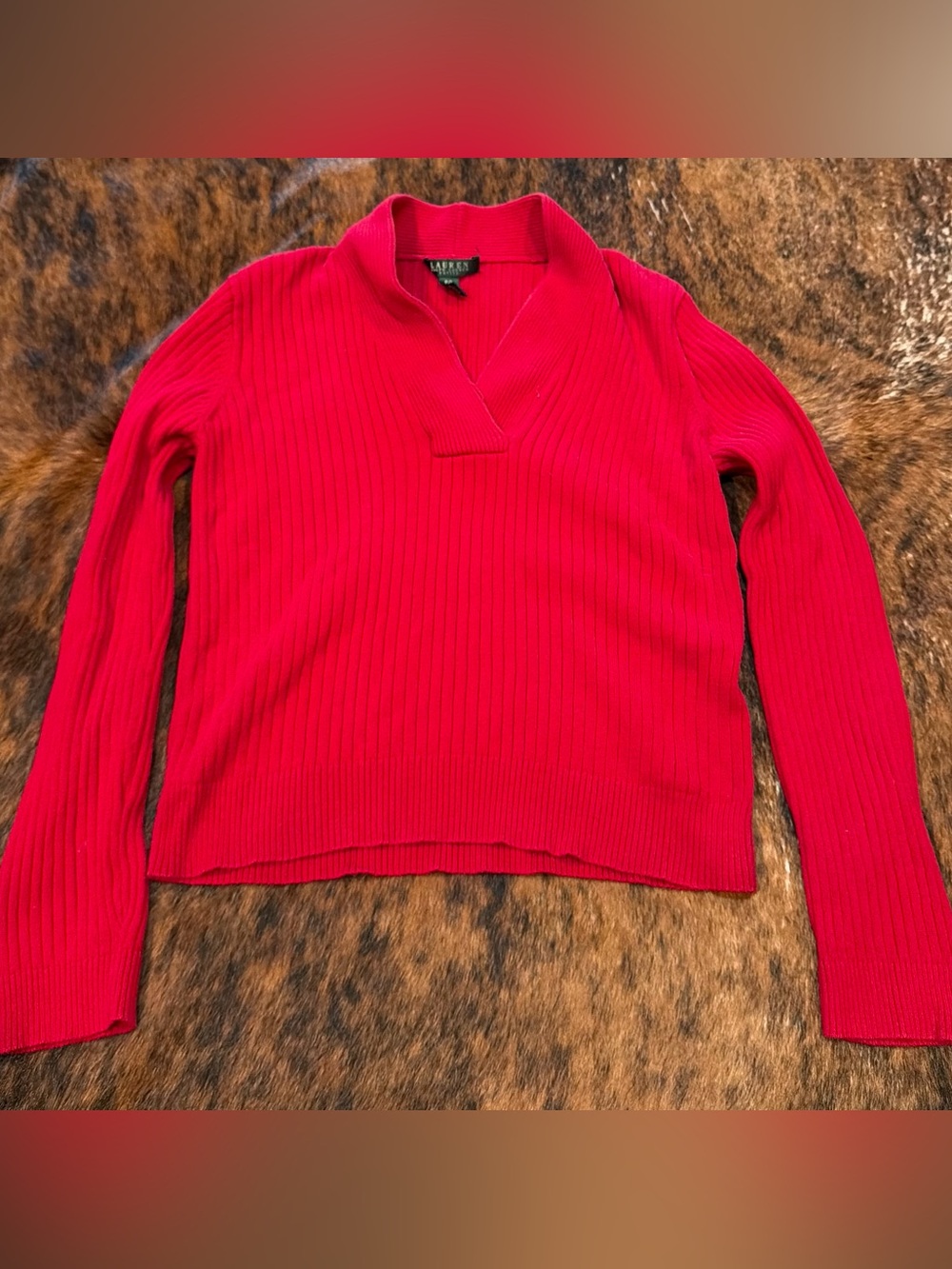 Lauren Ralph Lauren Womens Red Ribbed Knit Collared Stretch Pullover Sweater P/L